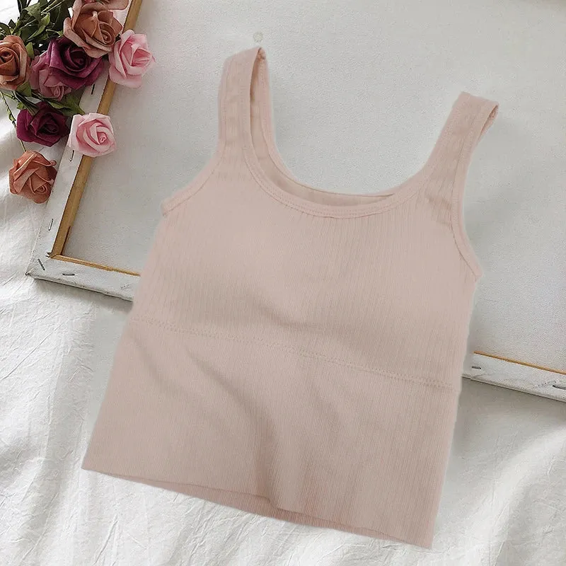 Seamless Women's Crop Top Underwear - Wire-Free U-Shaped Camisole, Wide Straps, Striped Solid Bralette Lingerie