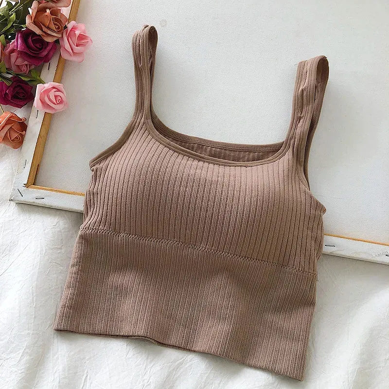 Seamless Women's Crop Top Underwear - Wire-Free U-Shaped Camisole, Wide Straps, Striped Solid Bralette Lingerie