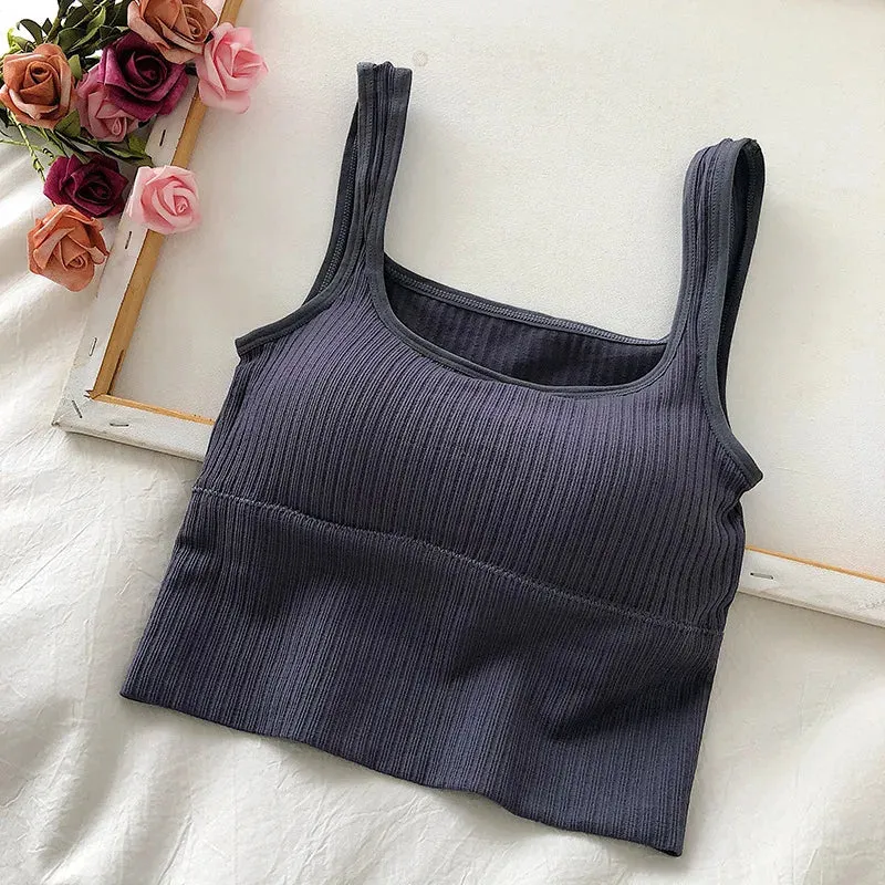 Seamless Women's Crop Top Underwear - Wire-Free U-Shaped Camisole, Wide Straps, Striped Solid Bralette Lingerie