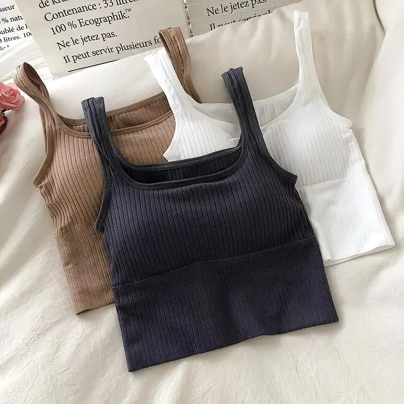 Seamless Women's Crop Top Underwear - Wire-Free U-Shaped Camisole, Wide Straps, Striped Solid Bralette Lingerie