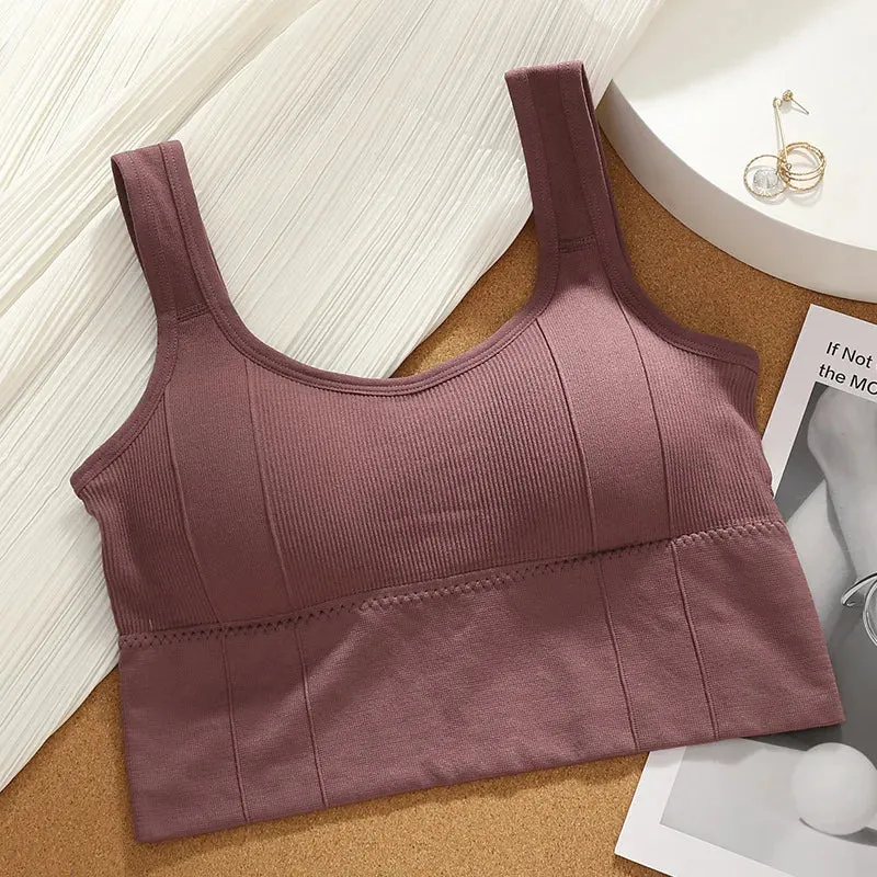 Seamless Women's Crop Top Underwear - Wire-Free U-Shaped Camisole, Wide Straps, Striped Solid Bralette Lingerie