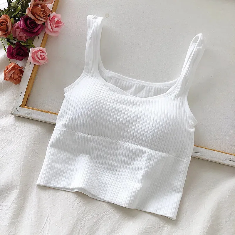 Seamless Women's Crop Top Underwear - Wire-Free U-Shaped Camisole, Wide Straps, Striped Solid Bralette Lingerie