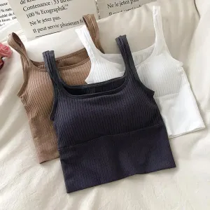 Seamless Women's Crop Top Underwear - Wire-Free U-Shaped Camisole, Wide Straps, Striped Solid Bralette Lingerie