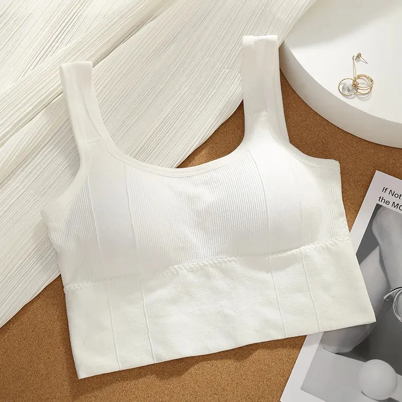 Seamless Women's Crop Top Underwear - Wire-Free U-Shaped Camisole, Wide Straps, Striped Solid Bralette Lingerie