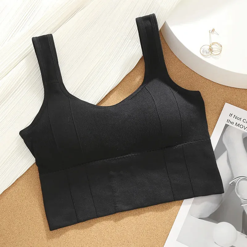 Seamless Women's Crop Top Underwear - Wire-Free U-Shaped Camisole, Wide Straps, Striped Solid Bralette Lingerie