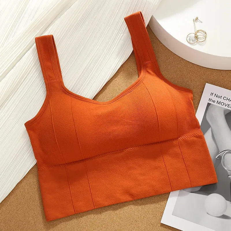 Seamless Women's Crop Top Underwear - Wire-Free U-Shaped Camisole, Wide Straps, Striped Solid Bralette Lingerie