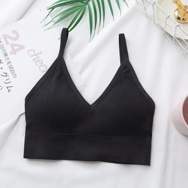 Seamless Women's Crop Top Underwear - Wire-Free U-Shaped Camisole, Wide Straps, Striped Solid Bralette Lingerie