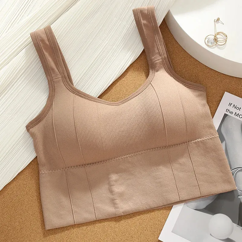 Seamless Women's Crop Top Underwear - Wire-Free U-Shaped Camisole, Wide Straps, Striped Solid Bralette Lingerie
