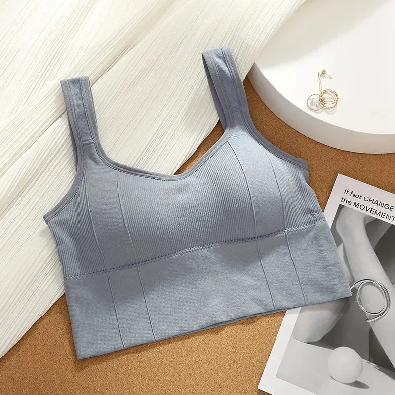 Seamless Women's Crop Top Underwear - Wire-Free U-Shaped Camisole, Wide Straps, Striped Solid Bralette Lingerie