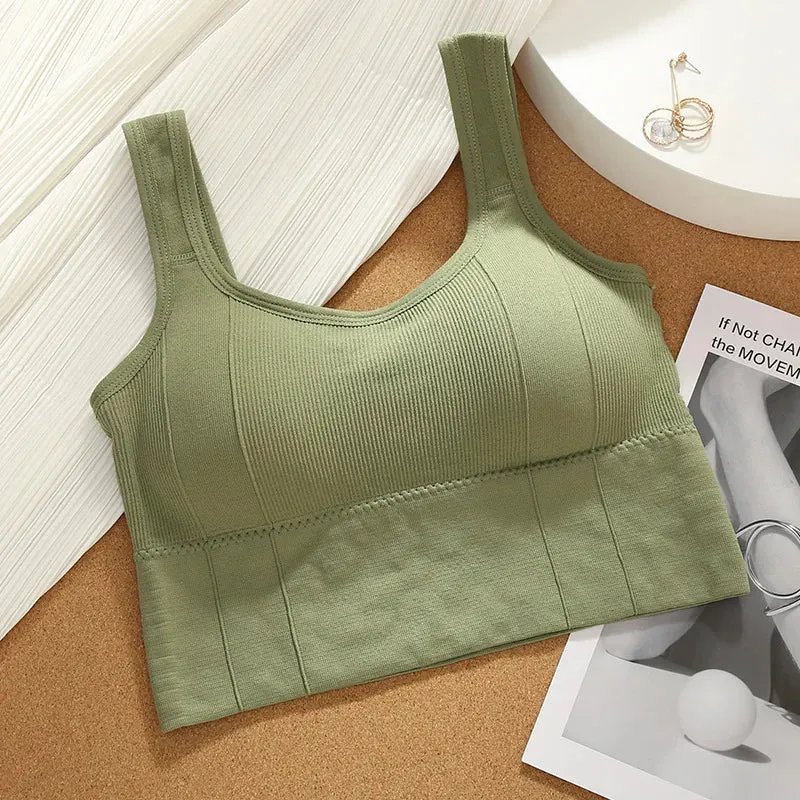 Seamless Women's Crop Top Underwear - Wire-Free U-Shaped Camisole, Wide Straps, Striped Solid Bralette Lingerie