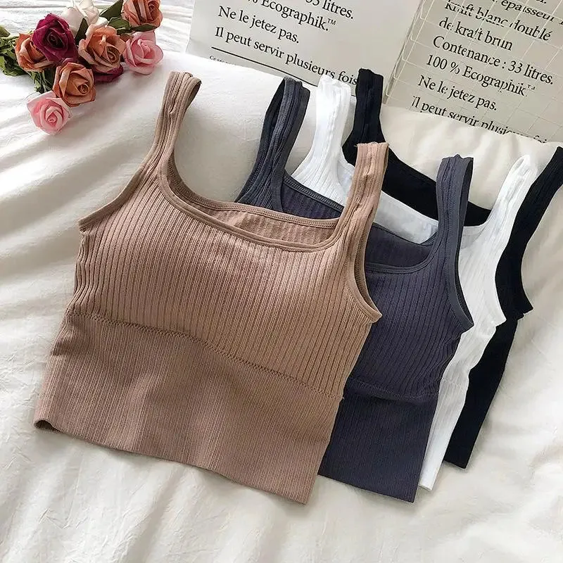 Seamless Women's Crop Top Underwear - Wire-Free U-Shaped Camisole, Wide Straps, Striped Solid Bralette Lingerie