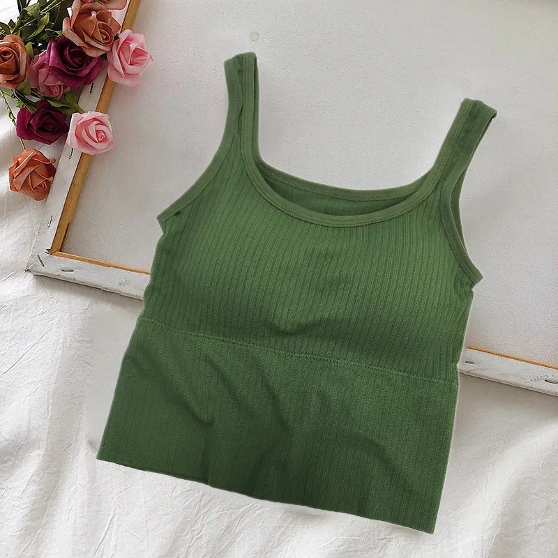 Seamless Women's Crop Top Underwear - Wire-Free U-Shaped Camisole, Wide Straps, Striped Solid Bralette Lingerie