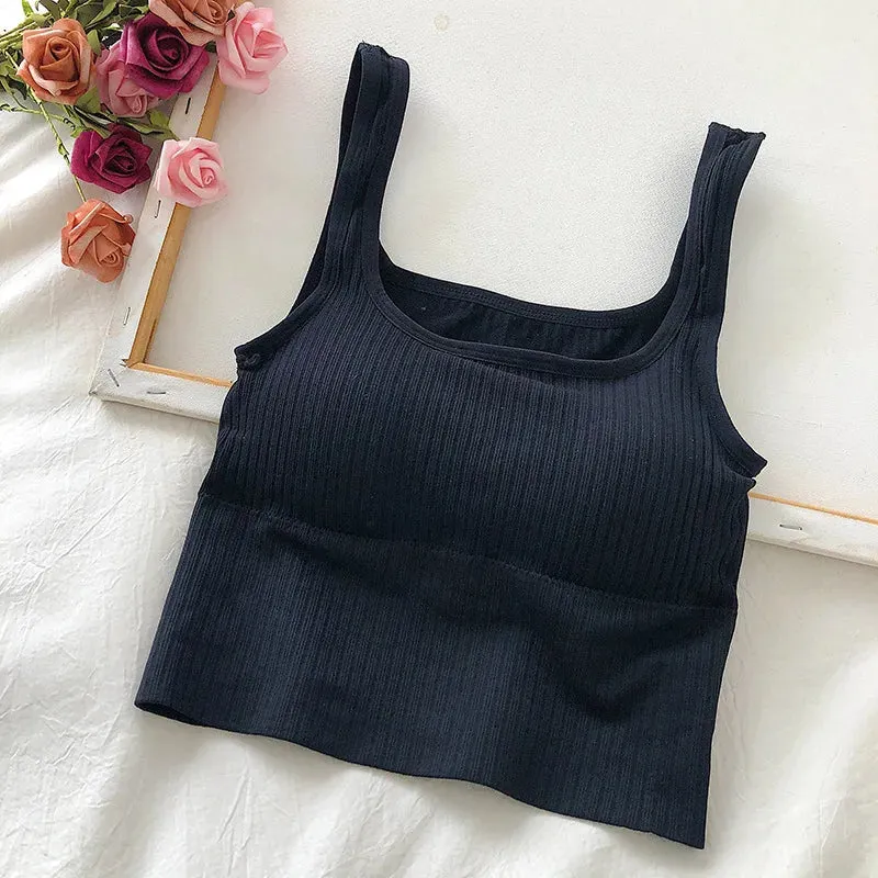Seamless Women's Crop Top Underwear - Wire-Free U-Shaped Camisole, Wide Straps, Striped Solid Bralette Lingerie