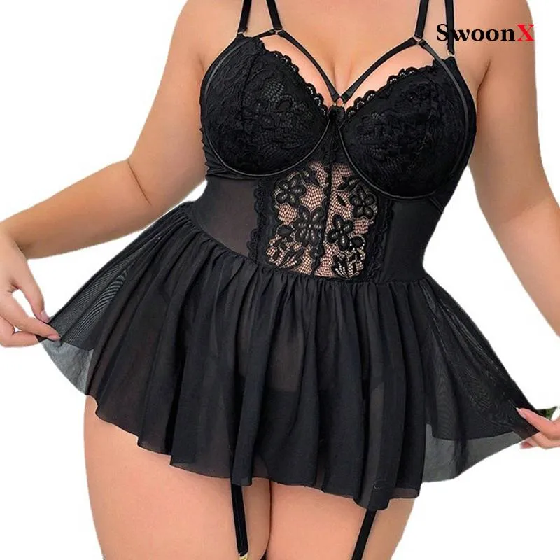 Sensual Plus Size Lace Lingerie Set with Sheer Babydoll and T-Back Panty