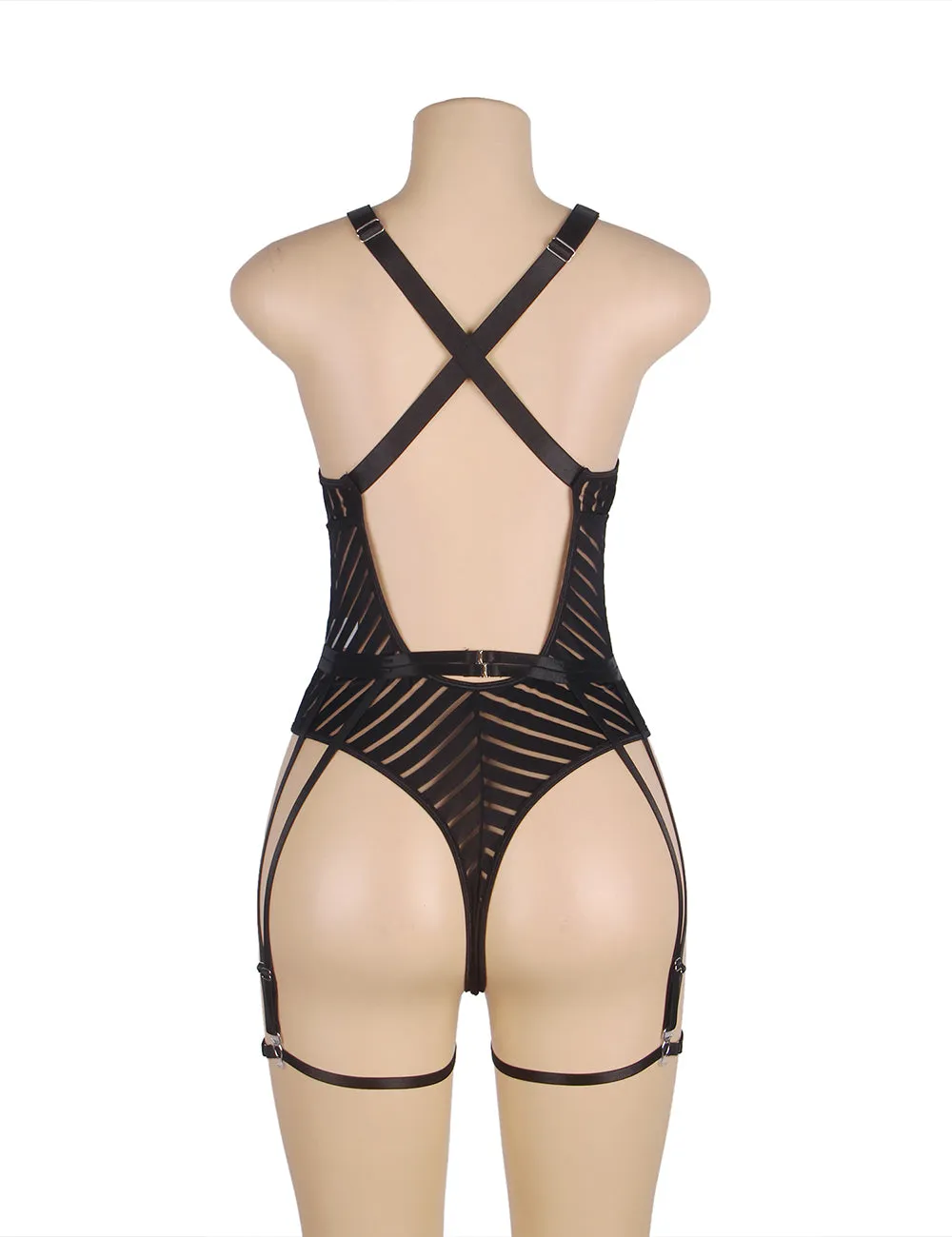 Sexy Egypt Black Striped Patterns Crossing Strap Back Design Bodysuit with Garter Belt