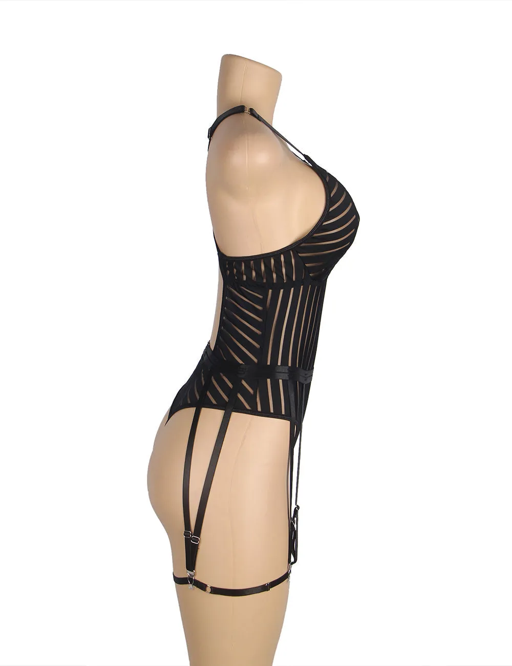 Sexy Egypt Black Striped Patterns Crossing Strap Back Design Bodysuit with Garter Belt