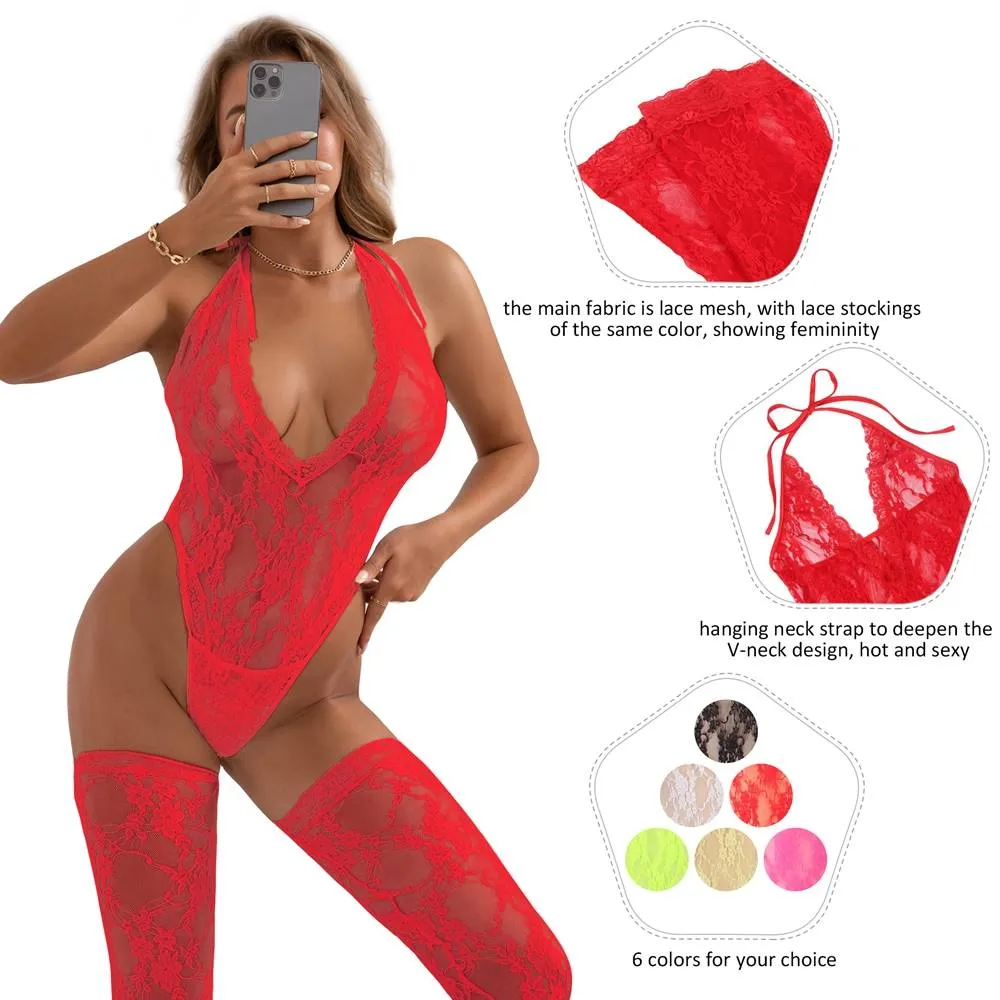 Sexy Egypt Lace Sleeveless See-Through Backless Deep V-Neck Bodysuit With Stocking
