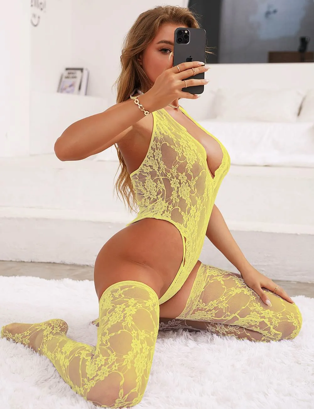 Sexy Egypt Lace Sleeveless See-Through Backless Deep V-Neck Bodysuit With Stocking