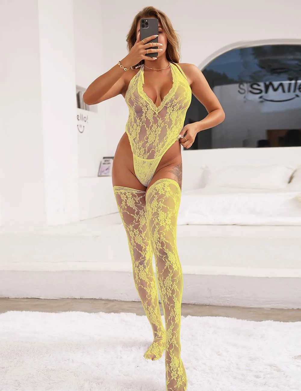 Sexy Egypt Lace Sleeveless See-Through Backless Deep V-Neck Bodysuit With Stocking