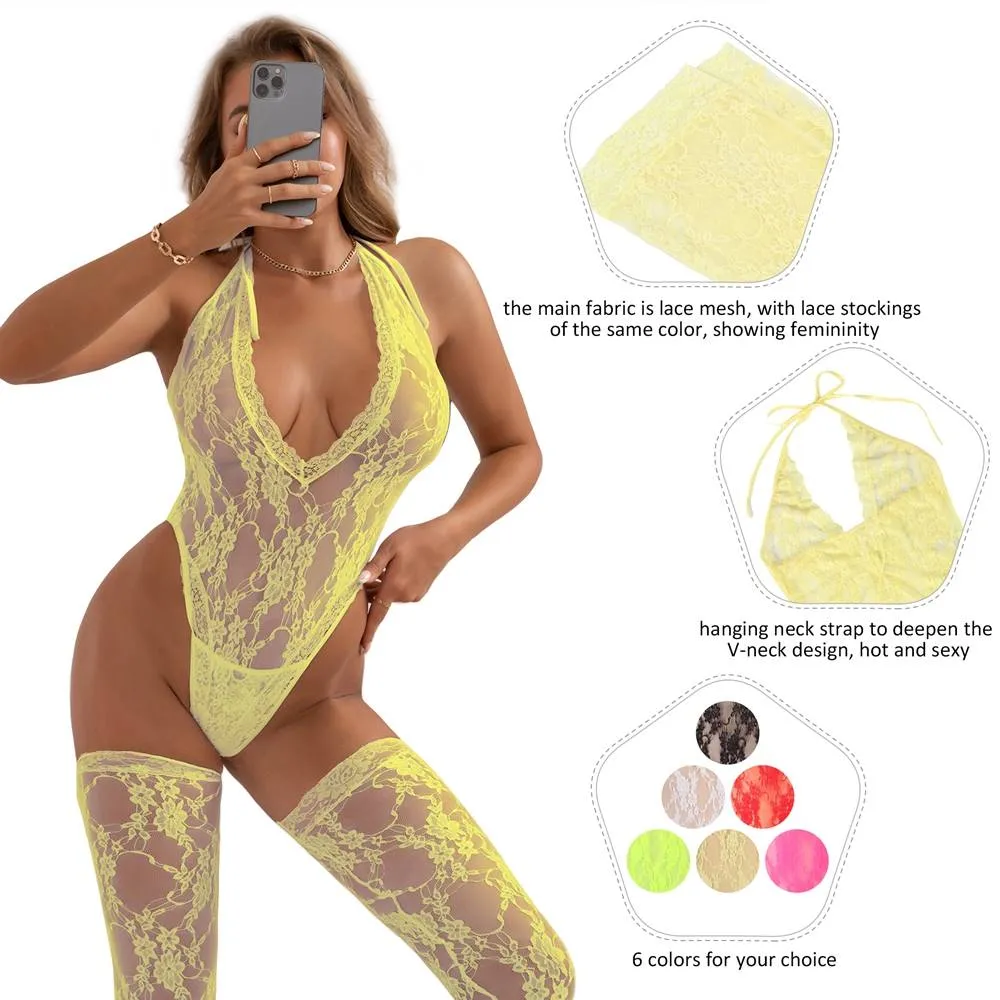 Sexy Egypt Lace Sleeveless See-Through Backless Deep V-Neck Bodysuit With Stocking