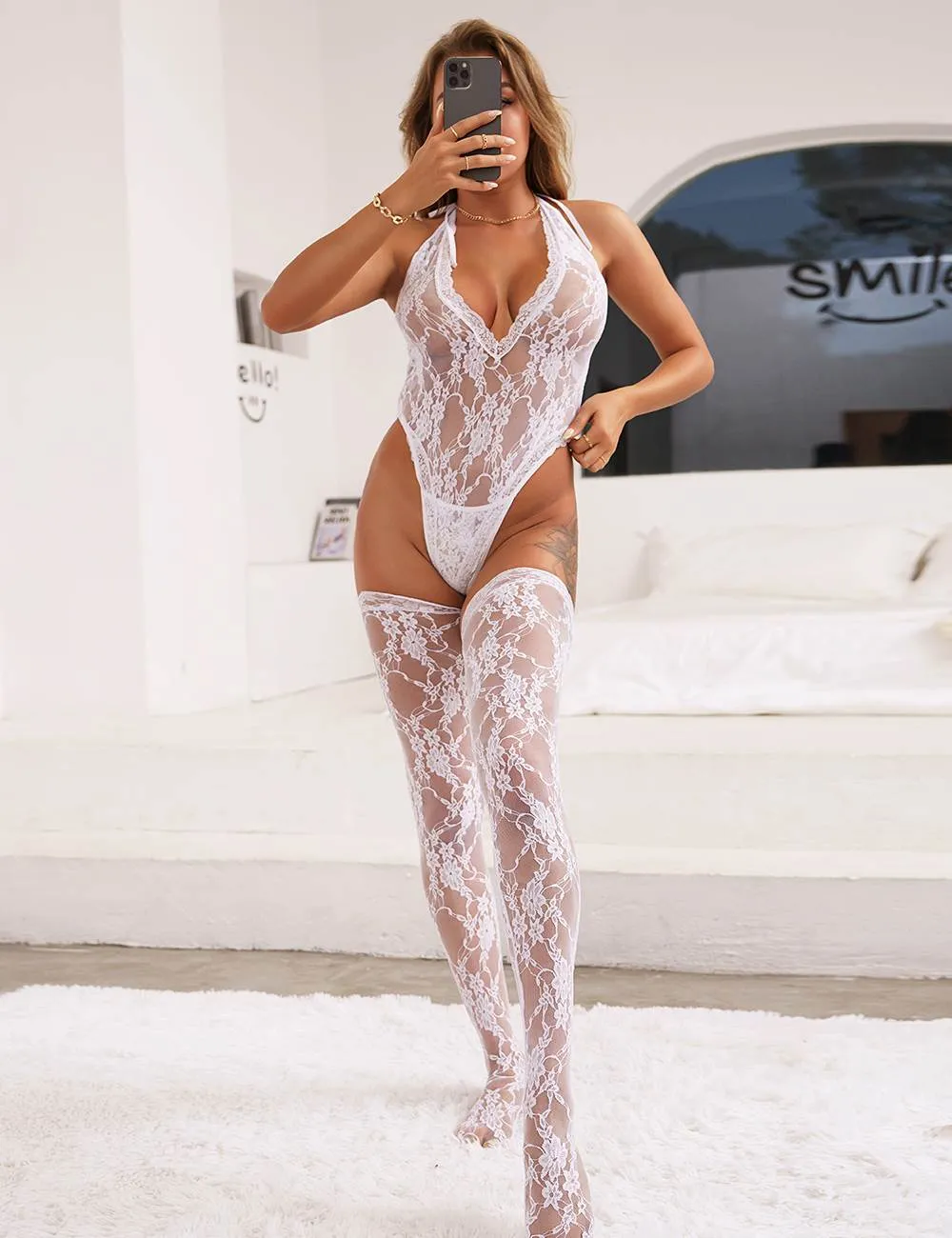 Sexy Egypt Lace Sleeveless See-Through Backless Deep V-Neck Bodysuit With Stocking