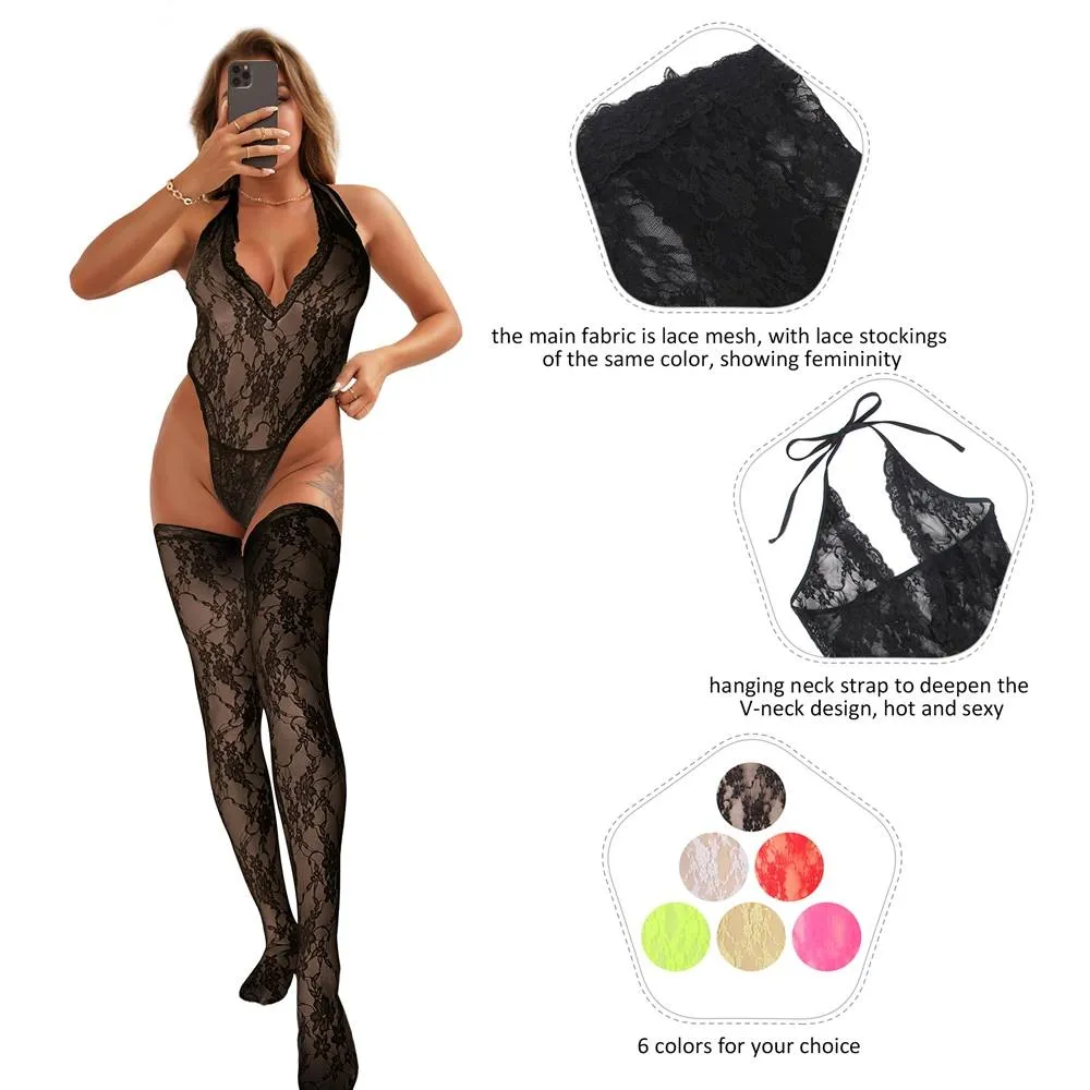 Sexy Egypt Lace Sleeveless See-Through Backless Deep V-Neck Bodysuit With Stocking