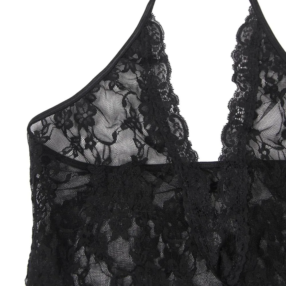 Sexy Egypt Lace Sleeveless See-Through Backless Deep V-Neck Bodysuit With Stocking