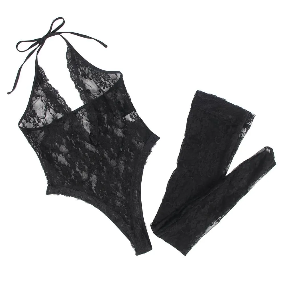Sexy Egypt Lace Sleeveless See-Through Backless Deep V-Neck Bodysuit With Stocking