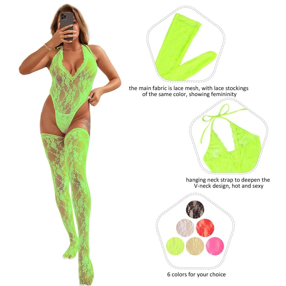 Sexy Egypt Lace Sleeveless See-Through Backless Deep V-Neck Bodysuit With Stocking