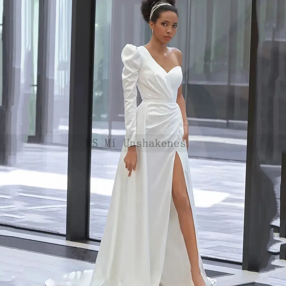 Sexy Satin White Wedding Dresses Single Long Sleeve Bride Dress Unique New Designer Beach Wedding Gowns 2024 Mariage