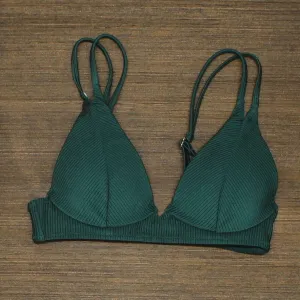 Shade & Shore Lightly Lined Shiny Ribbed Triangle Bikini Top Evergreen 32B