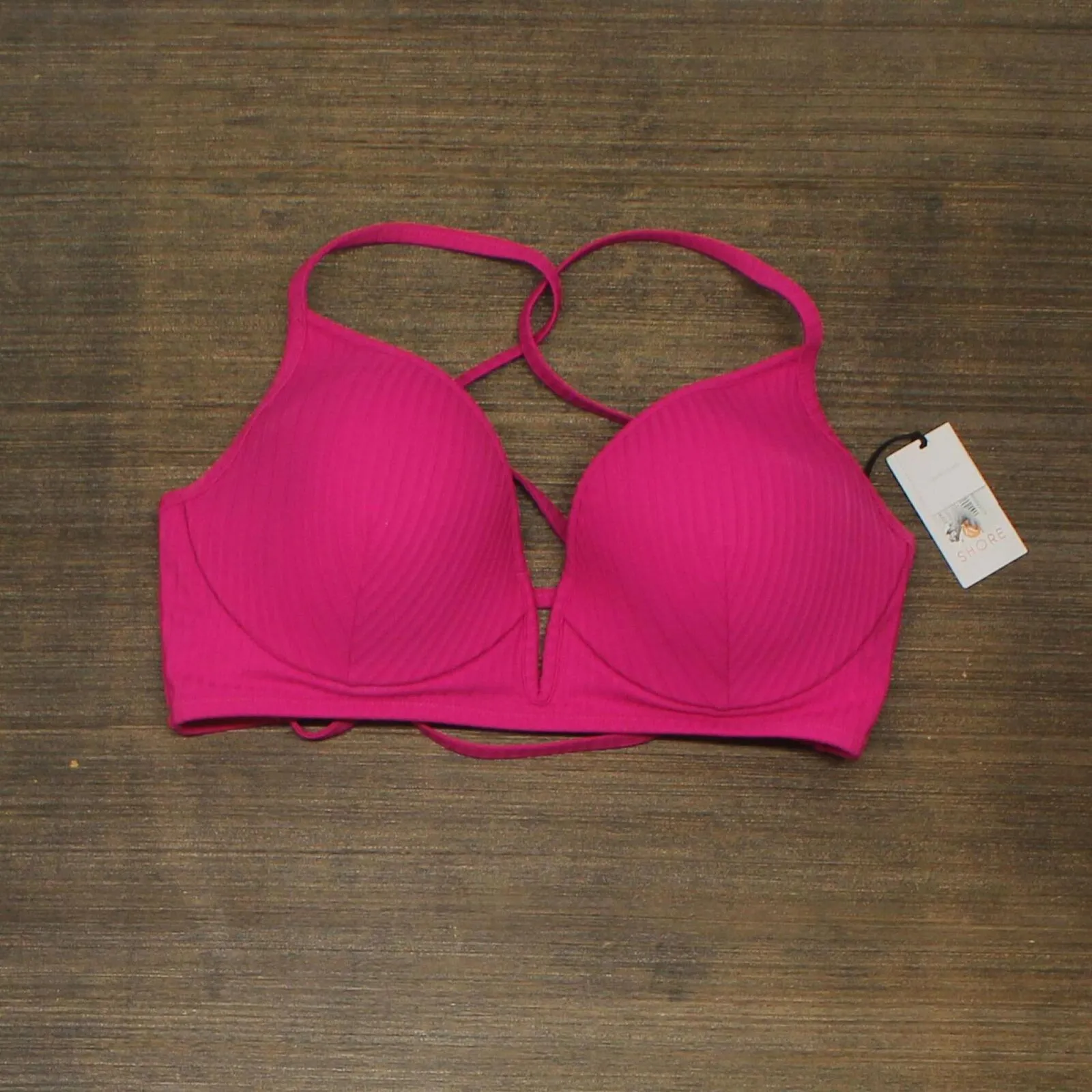 Shade & Shore Womens Lightly Lined V-Wire Ribbed Bikini Top AFP42 Raspberry 34DD