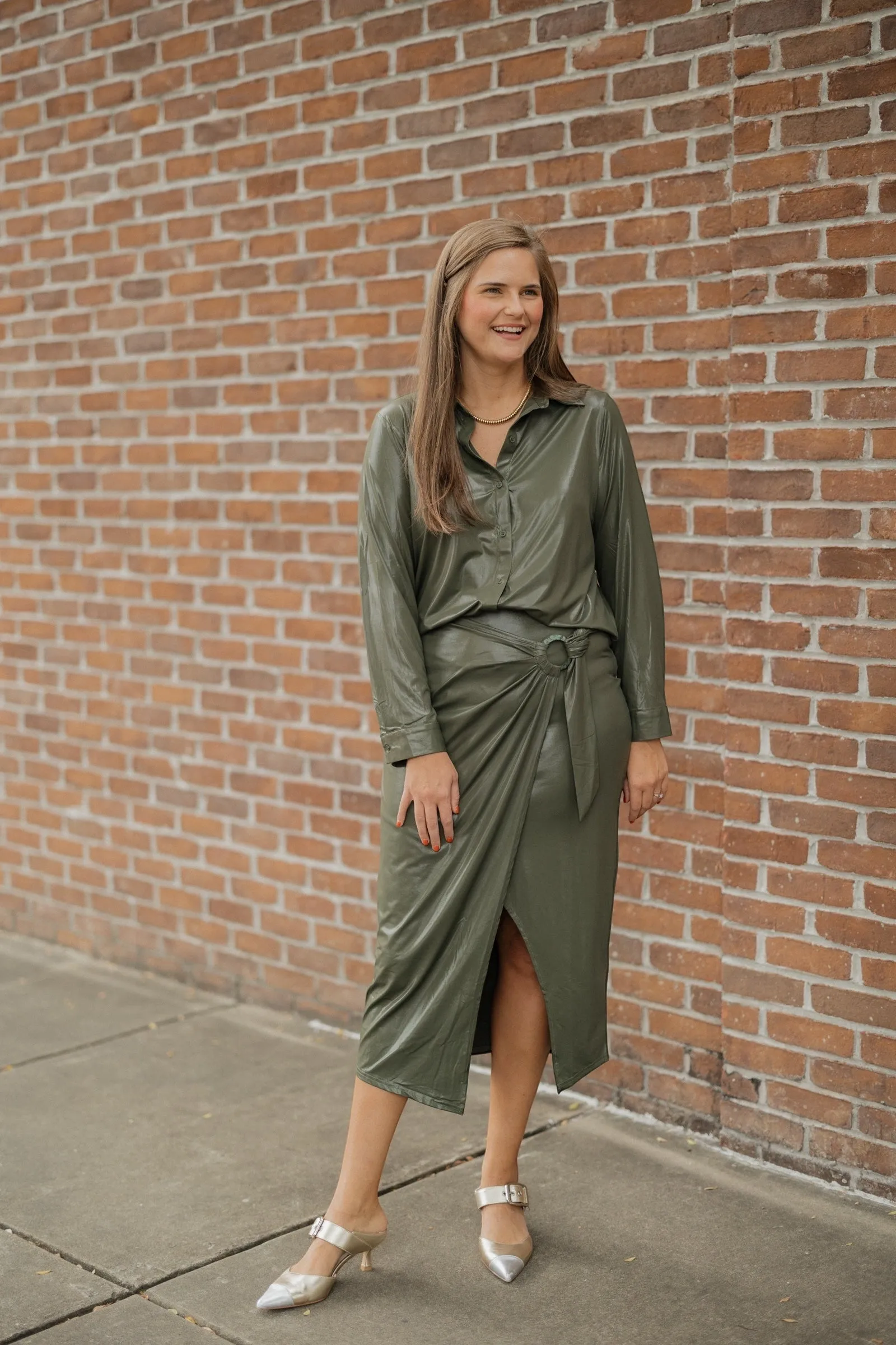 Shimmer Olive Long Sleeve Button Down (XS-3XL)