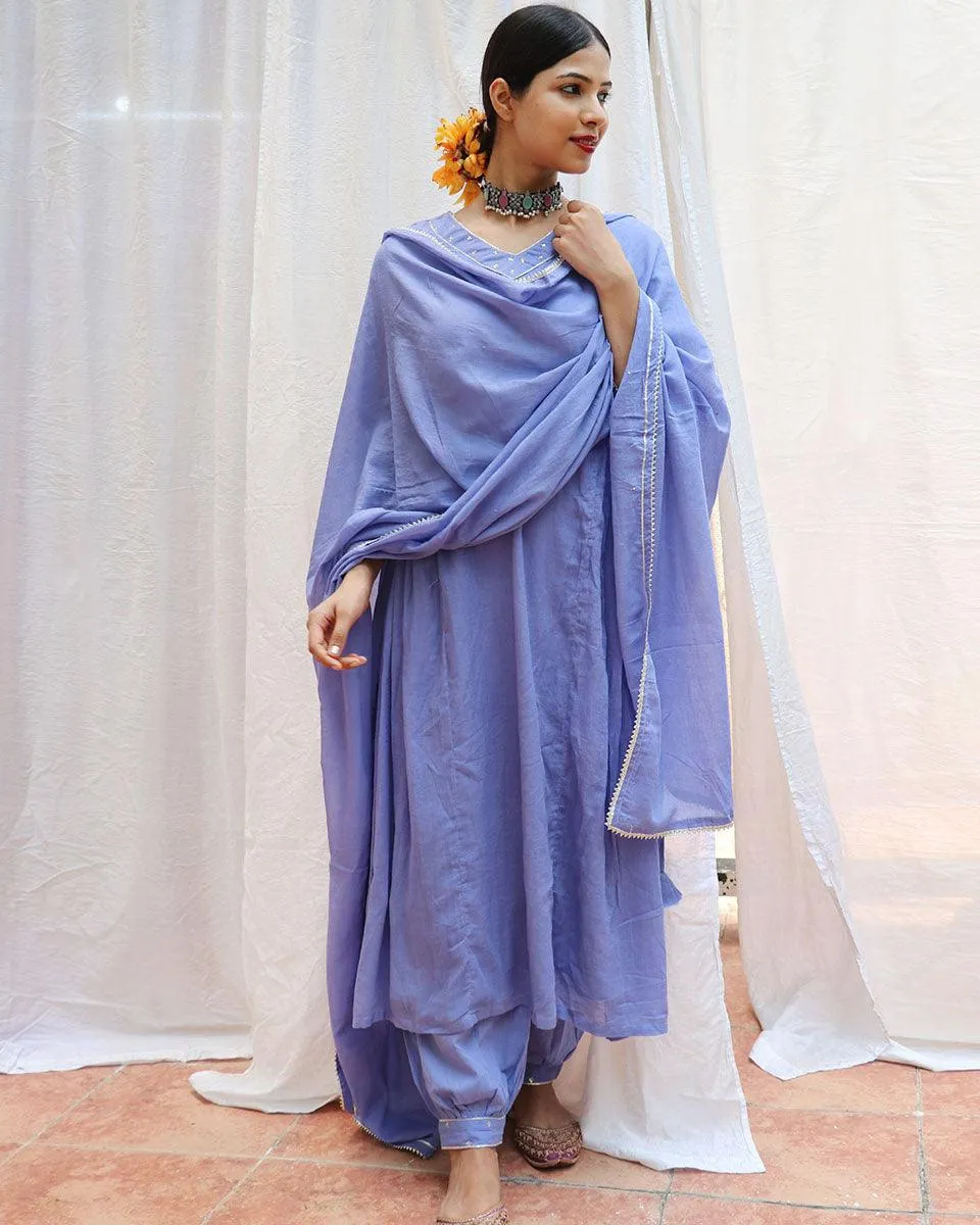 Shine Blue Mulmul Cotton Kurta Set with Dupatta Set of 3 - Jugnoo