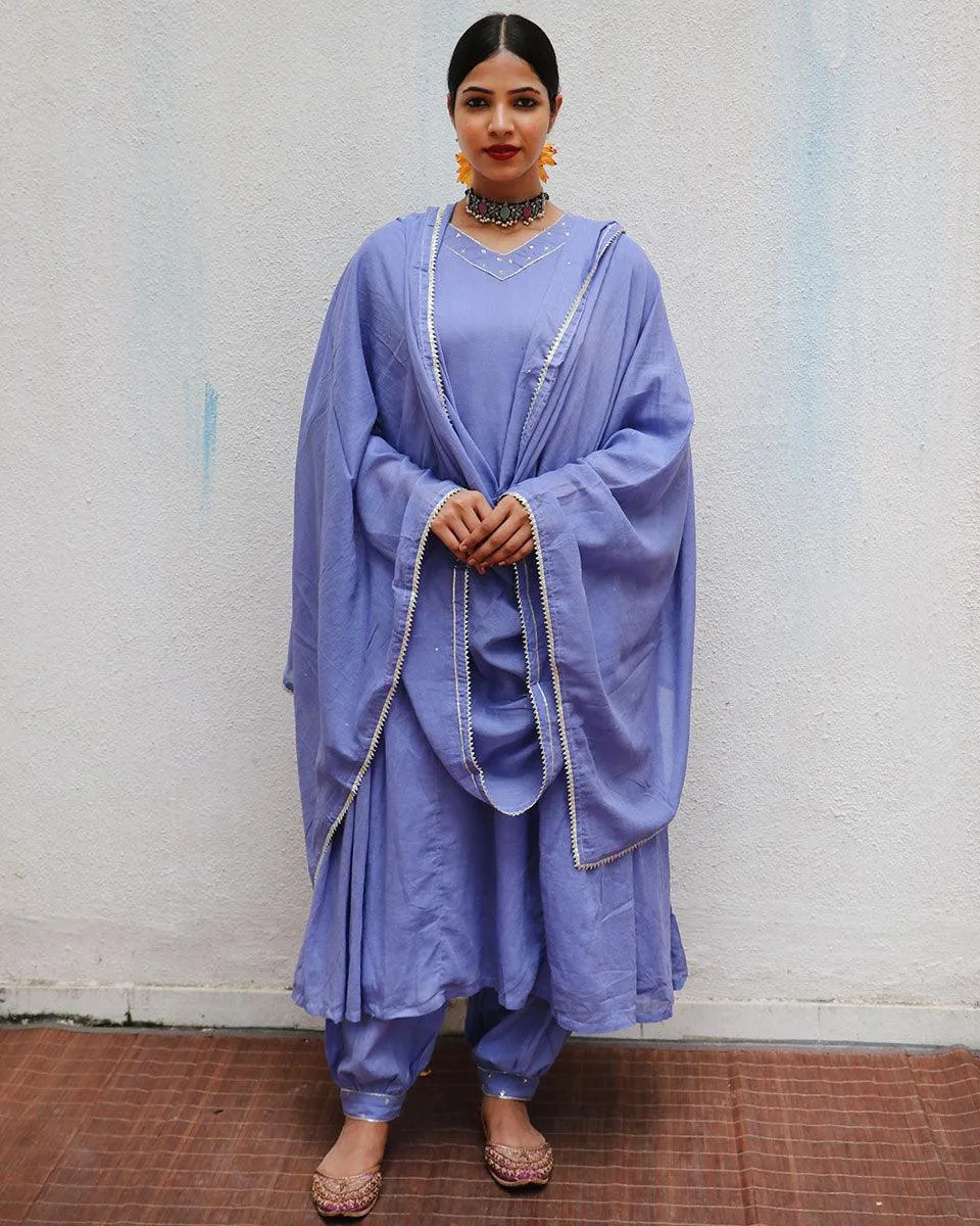 Shine Blue Mulmul Cotton Kurta Set with Dupatta Set of 3 - Jugnoo