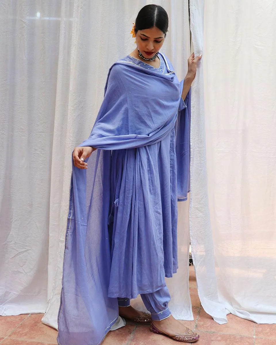 Shine Blue Mulmul Cotton Kurta Set with Dupatta Set of 3 - Jugnoo