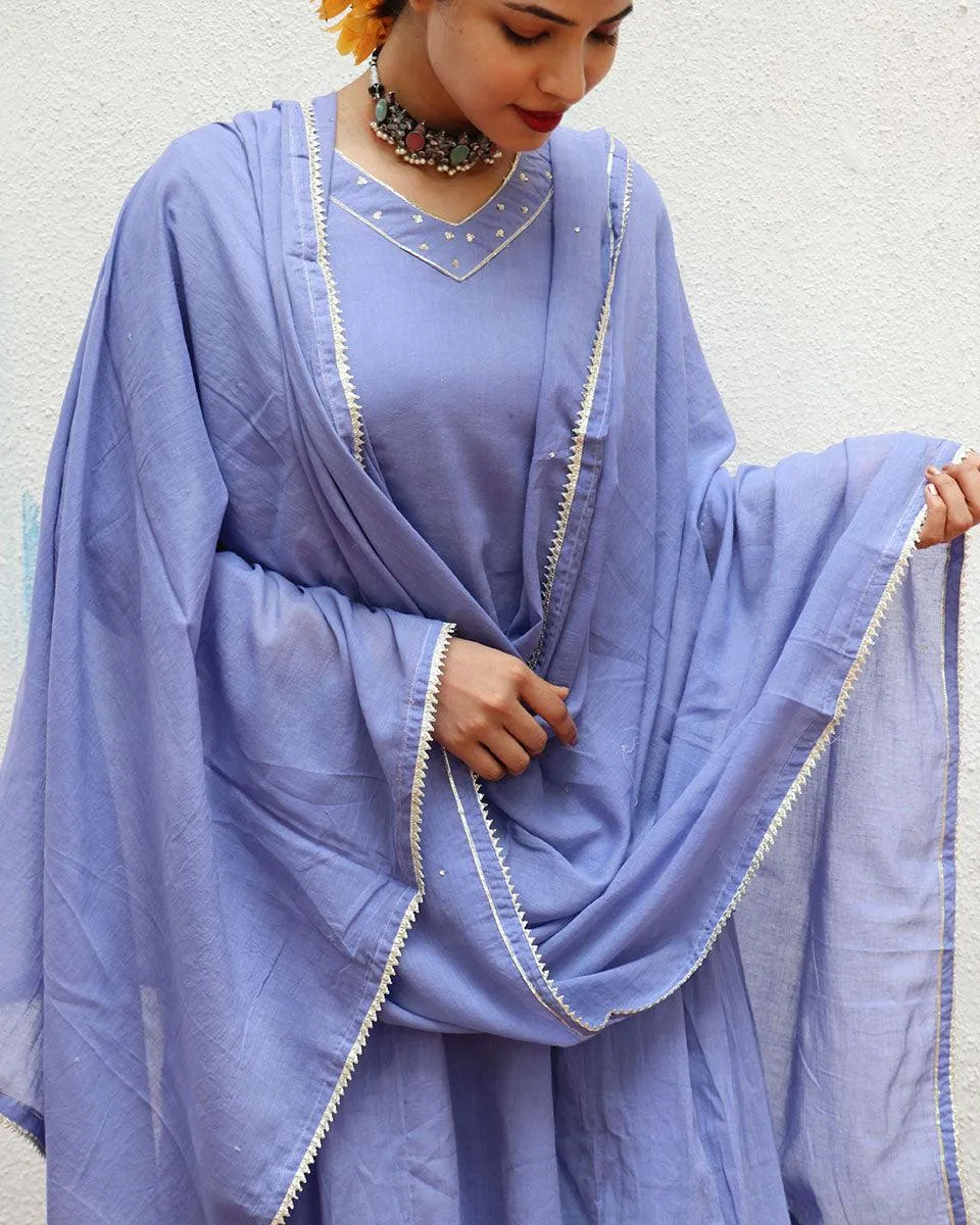 Shine Blue Mulmul Cotton Kurta Set with Dupatta Set of 3 - Jugnoo
