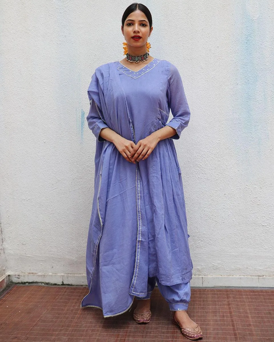 Shine Blue Mulmul Cotton Kurta Set with Dupatta Set of 3 - Jugnoo