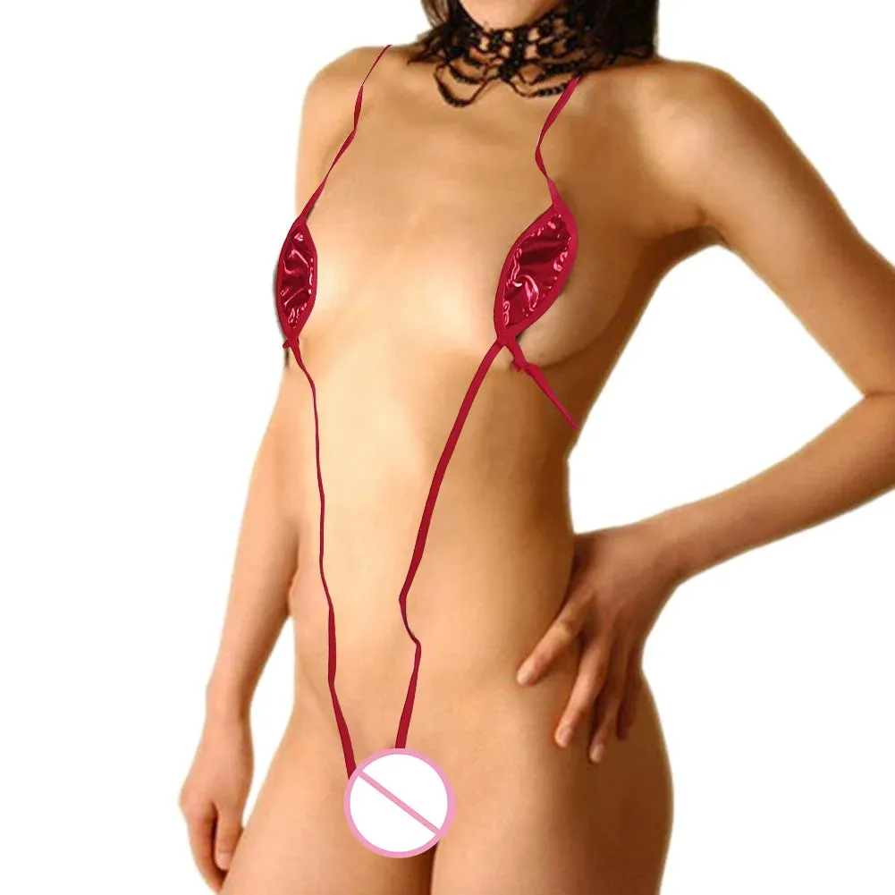 Shiny PU Leather Thong Bikini Set