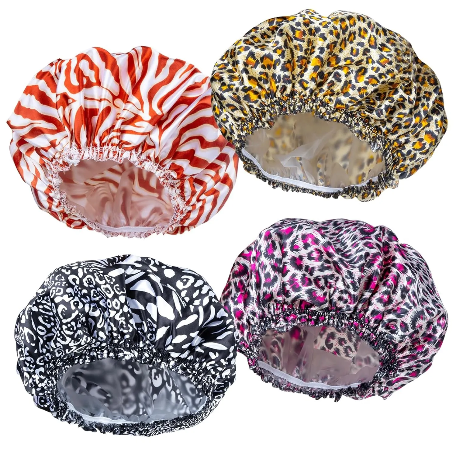 Shower Caps for Women, 4 PCS Elastic and Reusable Bath Caps, Double Waterproof Layers Shower Cap, Bathing Shower Caps, Environmental Protection Hair Bath Hat - Solid Color