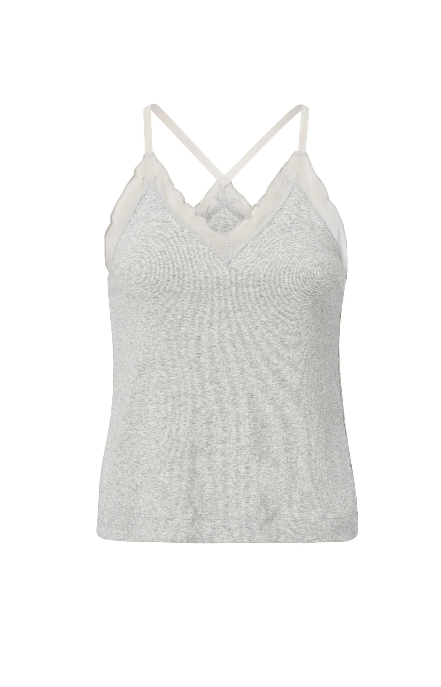 Singlet with woven details, V-neck, ruffles and cross straps