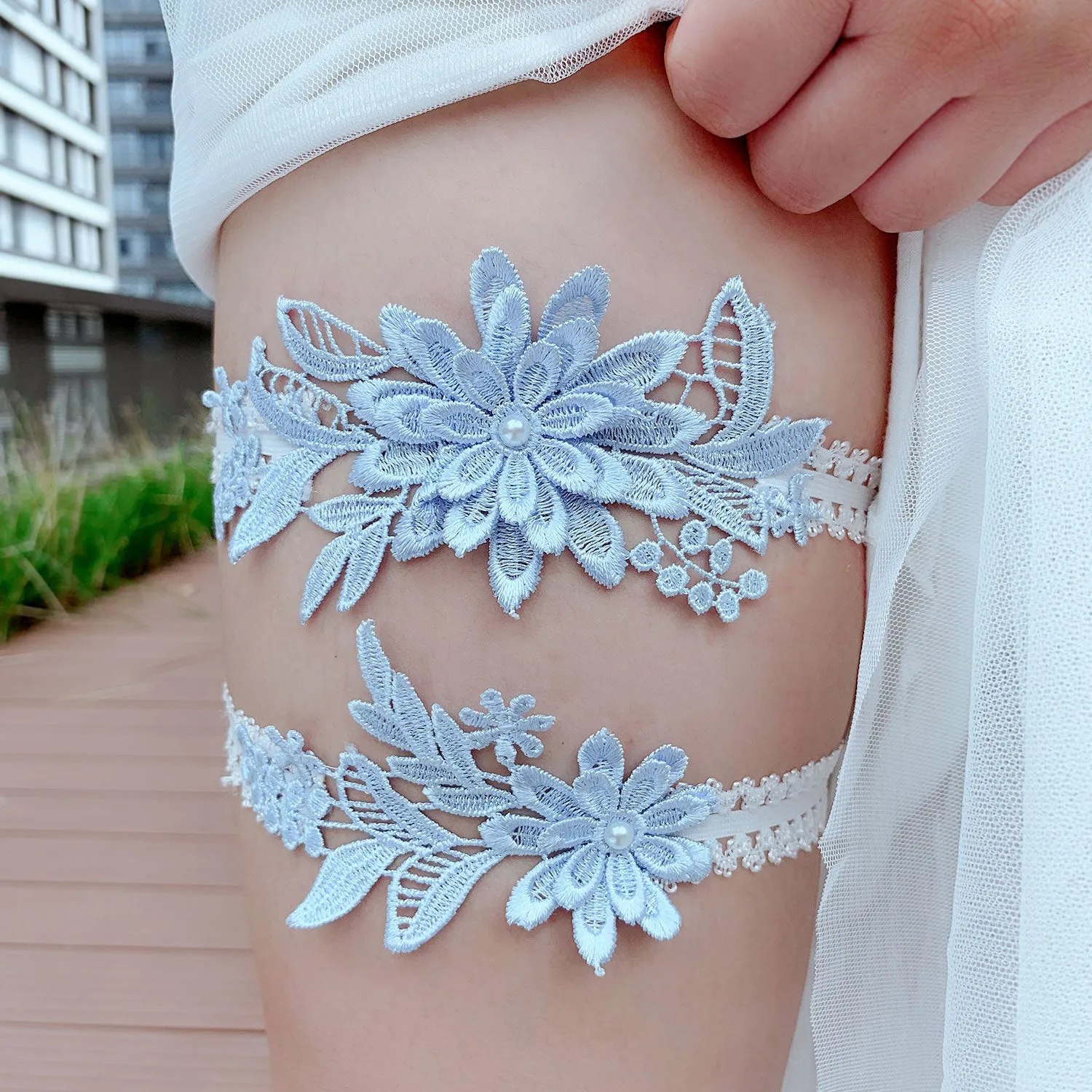 Sky Blue Elastic Lace Sexy Thigh Garter Belt