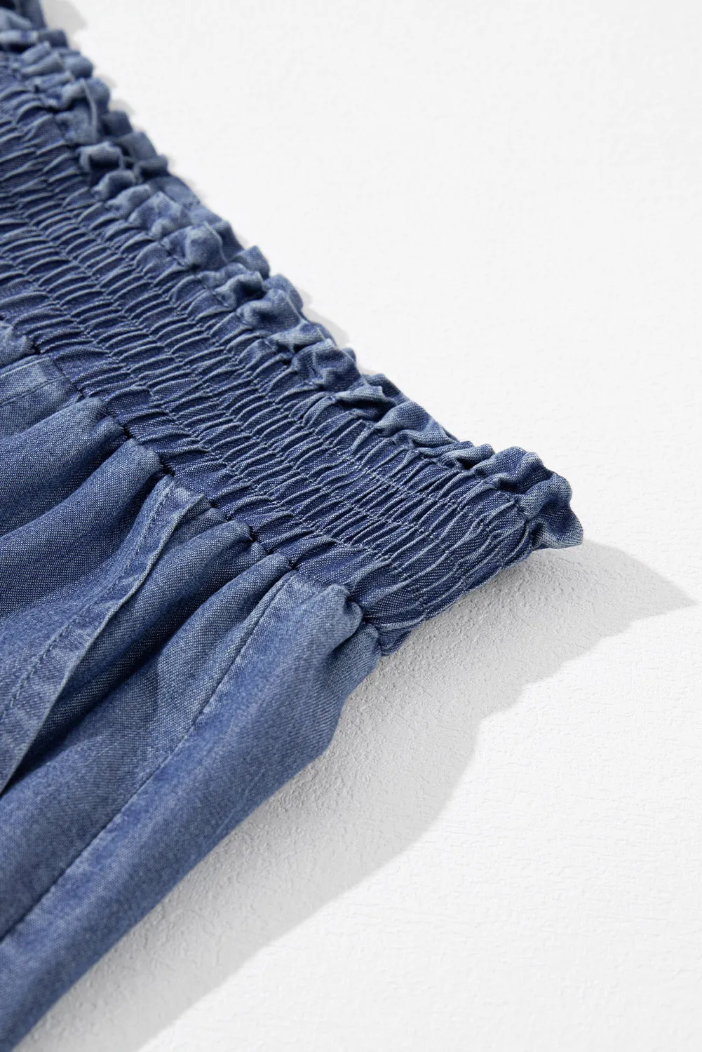 Sky Blue Side Pockets Frilled Smocked High Waist Wide Leg Jeans