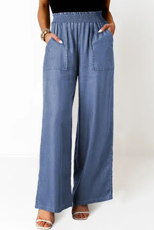 Sky Blue Side Pockets Frilled Smocked High Waist Wide Leg Jeans