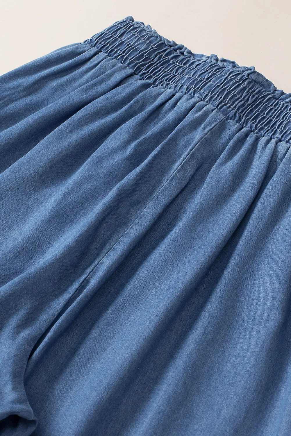 Sky Blue Side Pockets Frilled Smocked High Waist Wide Leg Jeans