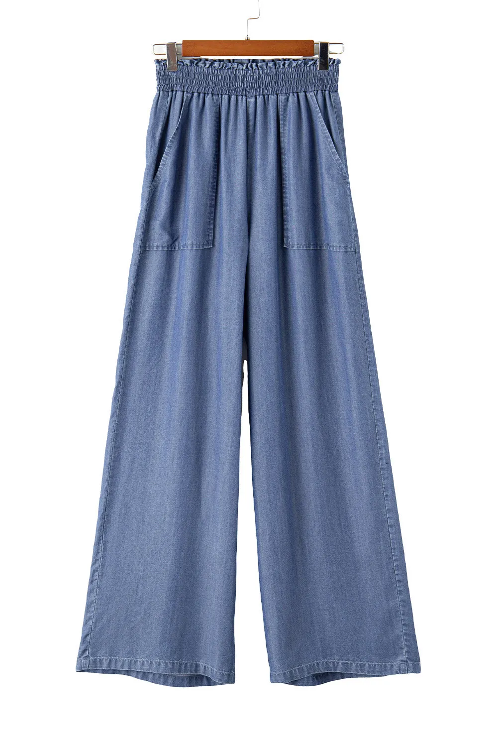 Sky Blue Side Pockets Frilled Smocked High Waist Wide Leg Jeans