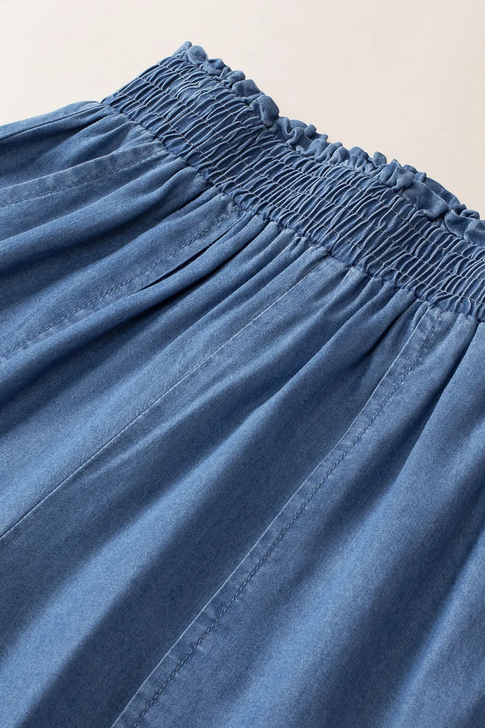 Sky Blue Side Pockets Frilled Smocked High Waist Wide Leg Jeans
