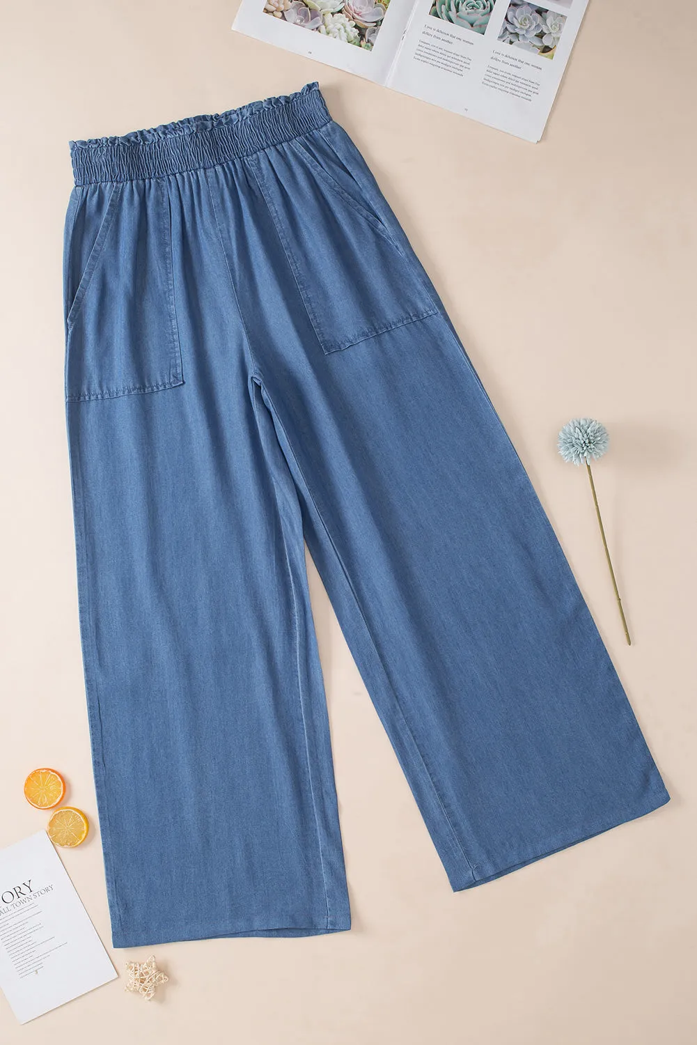 Sky Blue Side Pockets Frilled Smocked High Waist Wide Leg Jeans