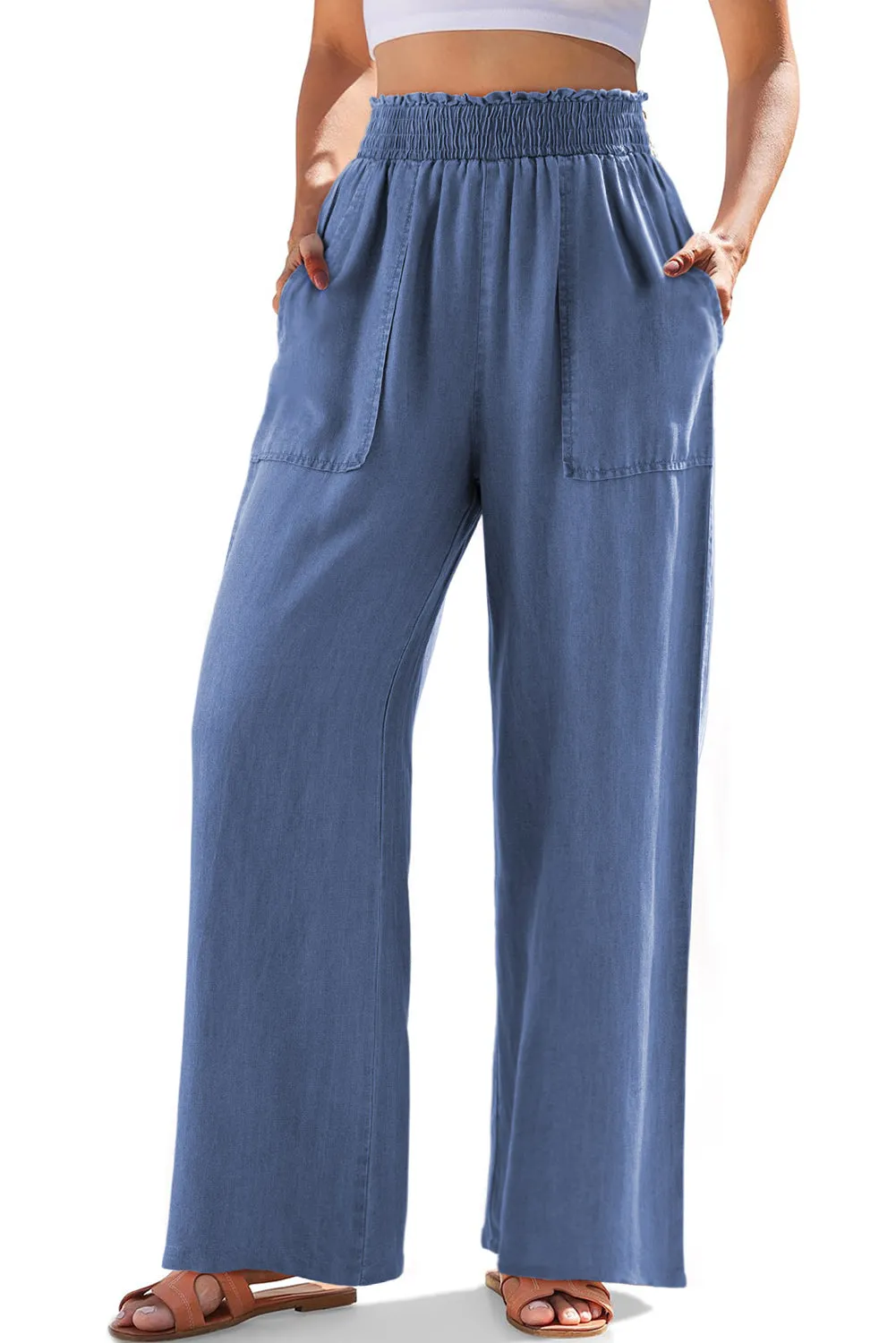 Sky Blue Side Pockets Frilled Smocked High Waist Wide Leg Jeans