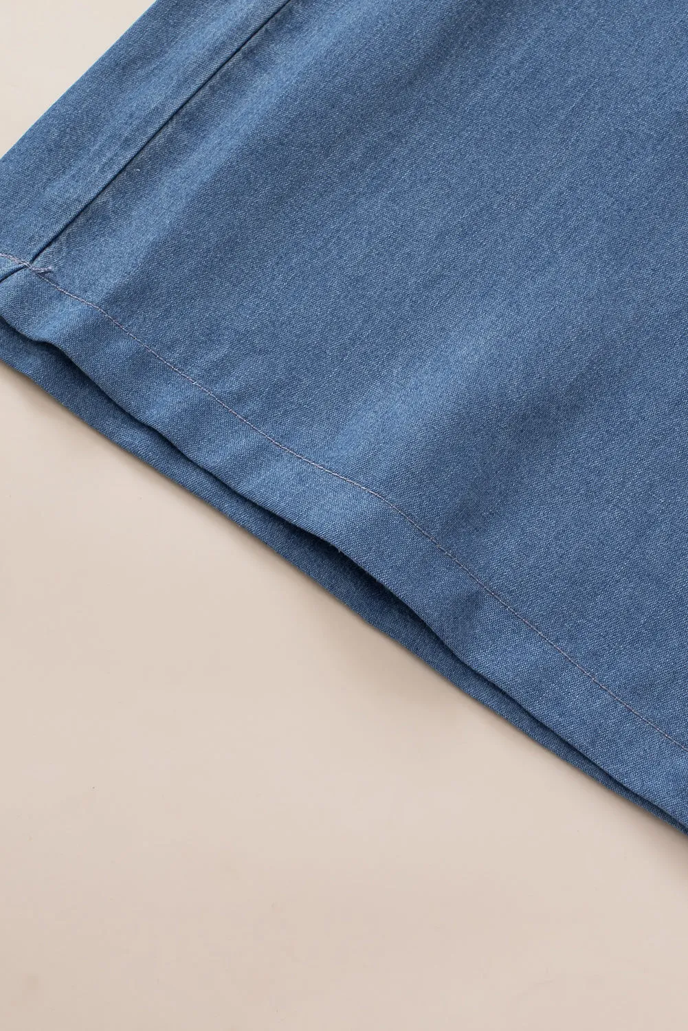Sky Blue Side Pockets Frilled Smocked High Waist Wide Leg Jeans